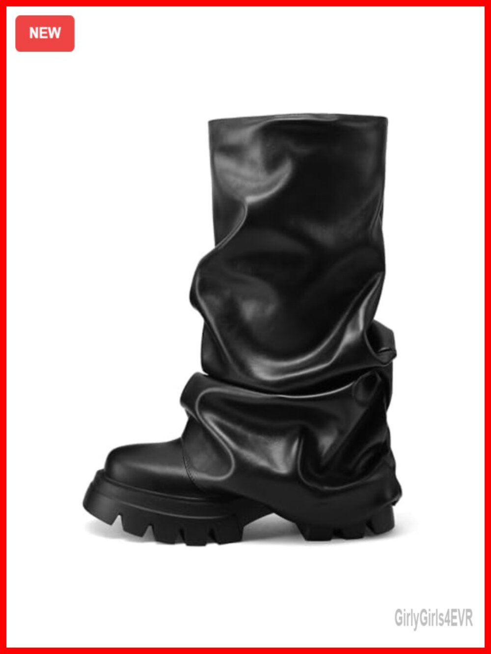 Fold Over Slouchy Wide Calf Pleated Platform Mid Calf Boots Chunky Heel
